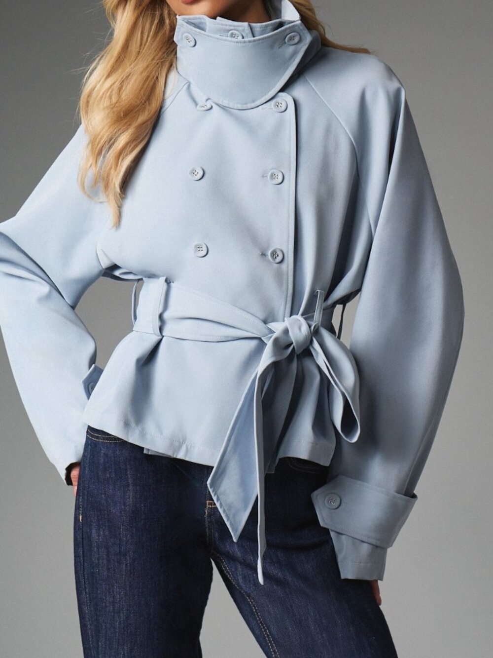 Dusty Blue Elegant Women's Double Breasted Funnel Neck Belted Raglan Short Coat